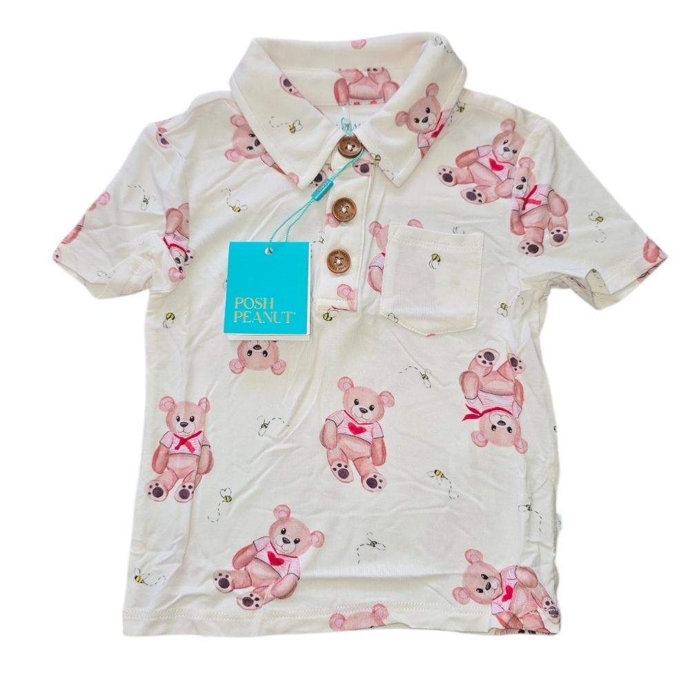 Posh Peanut Kids Polo with Teddy Bear Print  White and Pink Size 2T